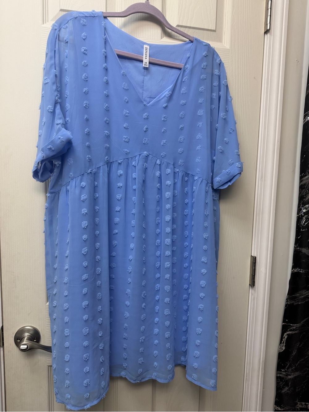 Zenana Women’s Powder Blue Textured Dot V-Neck Dress